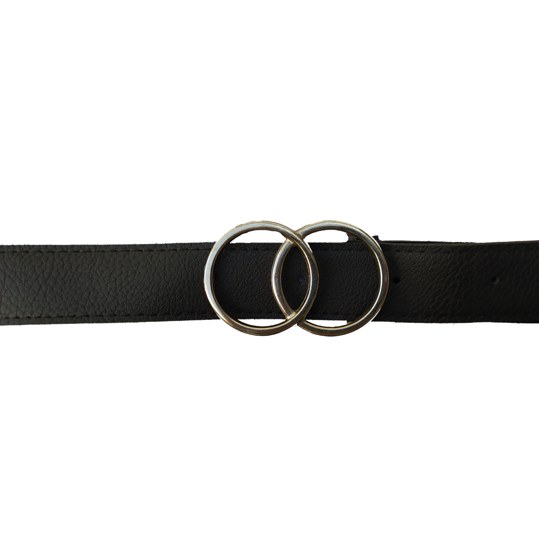 Cinturon de Mujer Talle Especial Cuero Sintetico y Hebilla Doble Circulo 135x3,5cm Negro