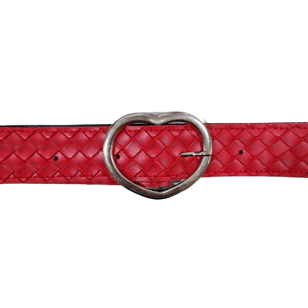 Cinturon de Mujer de Cuero Sintetico Trenzado Hebilla Corazon 105x3.5cm Rojo