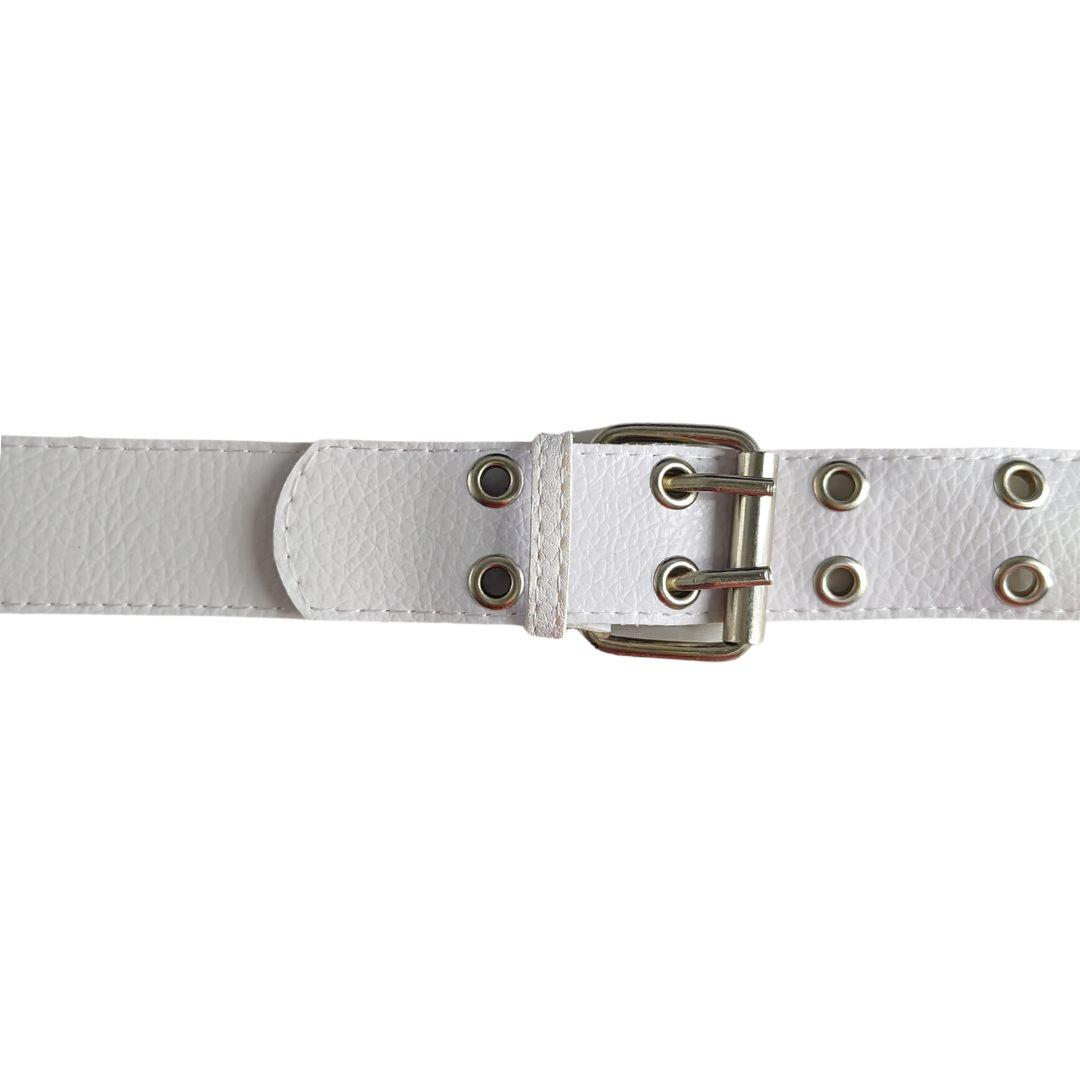 Cinturon de Mujer Cuero Sintetico y Tachas Hebilla Cuadrada 105x3.5cm Blanco